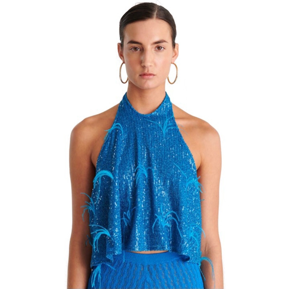NEW RONNY KOBO BLUE SEQUIN EMBELLISHED HALTER TOP